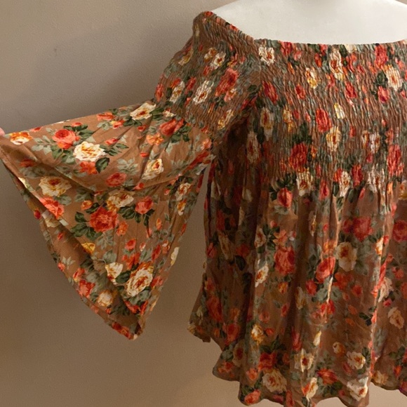 Angie Smocked Baby Doll Floral Bell Sleeve Blouse - Picture 2 of 11